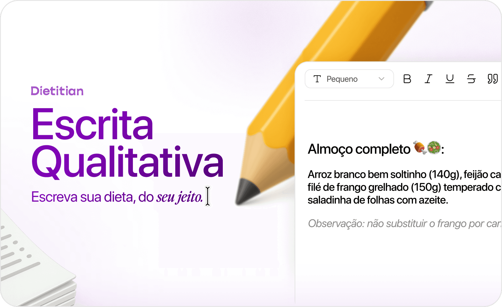 Tela do Dietitian mostrando a escrita qualitativa do plano alimentar