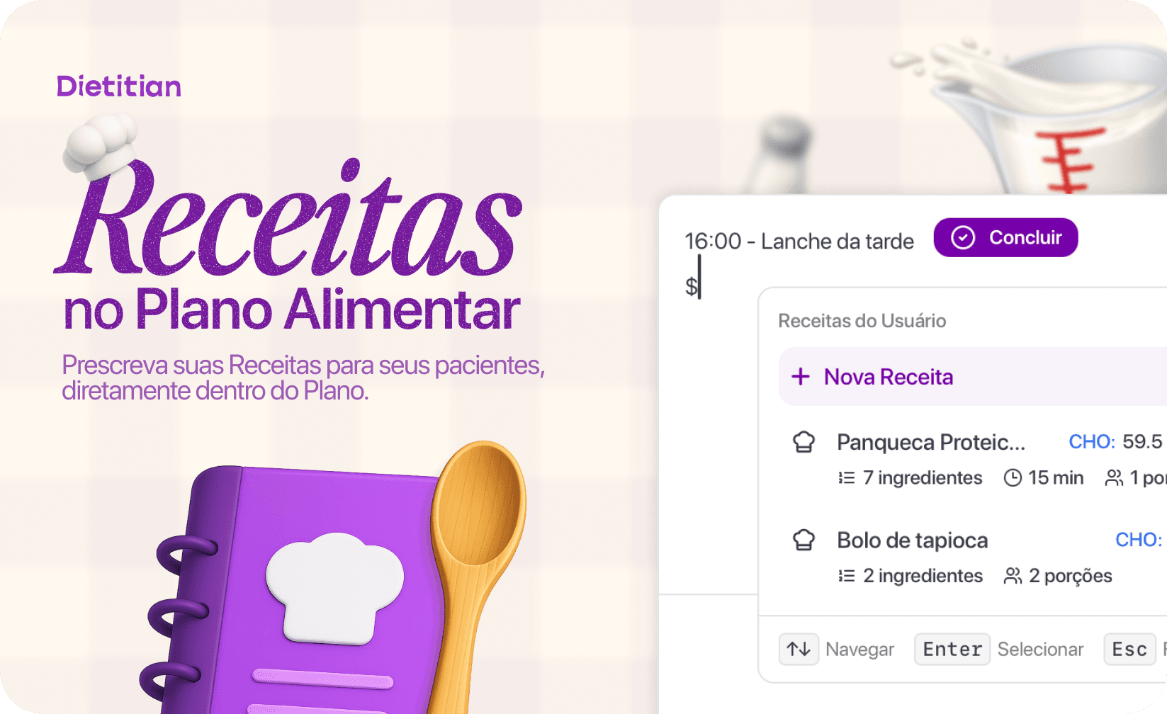 Tela do Dietitian mostrando receitas dentro do plano alimentar