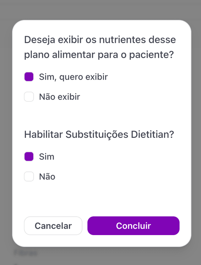 Modal de salvar plano com opção de habilitar Substituições Dietitian